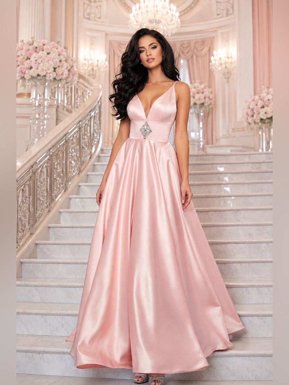 Sherri Hill 53312 Blush Pink Satin V-Neck Gala Wedding Gown Sz 8 Jeweled Waist